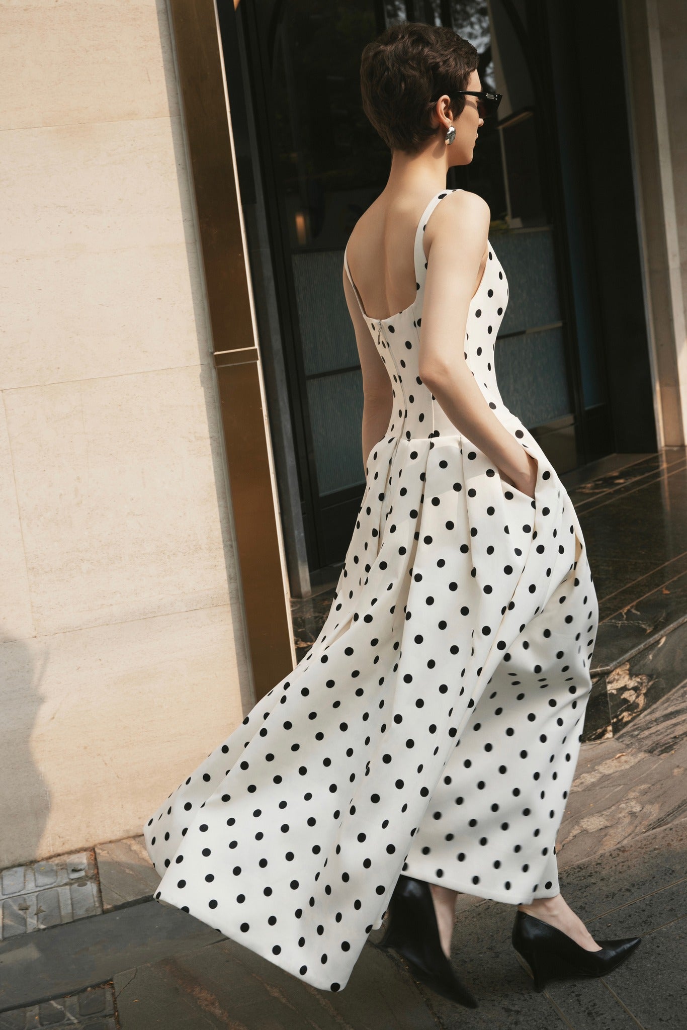 【P.h.D.】Pin Dot Pleated Long Dress Leilani Pleated Taffeta Dress — HUONG